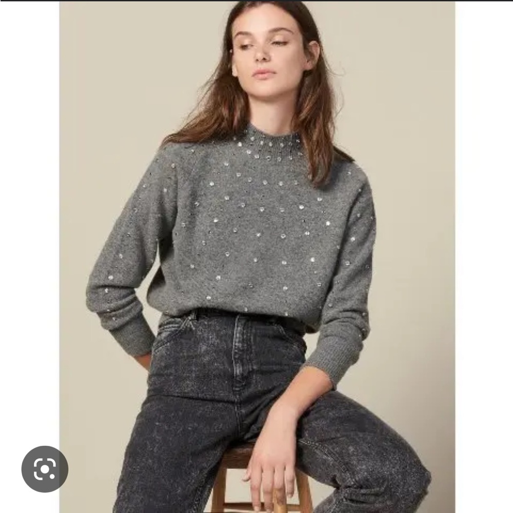 Sandro Crystal Stud Embellished Grey Sweater size 2 (US 4-6)